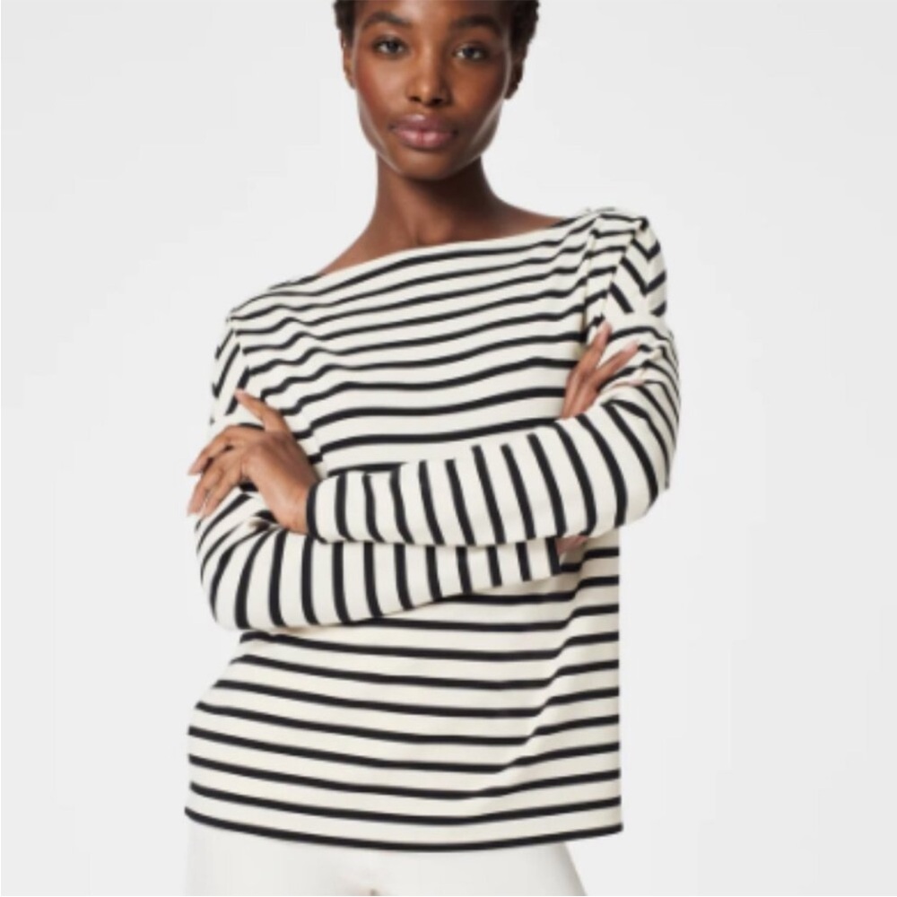 Spanx Air Essentials Boatneck Stripped Top Size L White Black Travel Athleisure